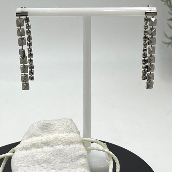 Diesel Designer Signed Stainless Steel Long Square Studded Dangle Earrings - Picture 1 of 15